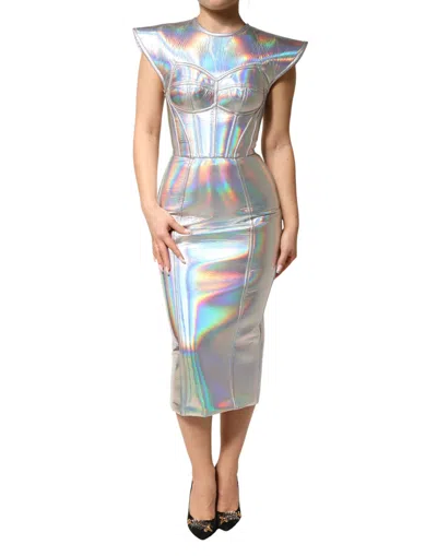 Dolce & Gabbana Iridescent Bodycon Sheath Dress Midi Length In Blue