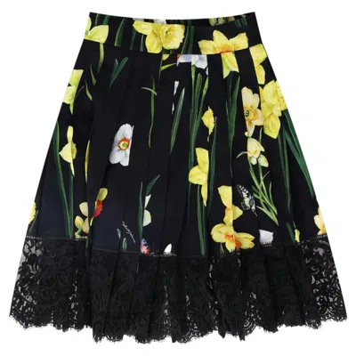 Pre-owned Dolce & Gabbana Iris Print Lace Trimmed Pleated Skirt In Black