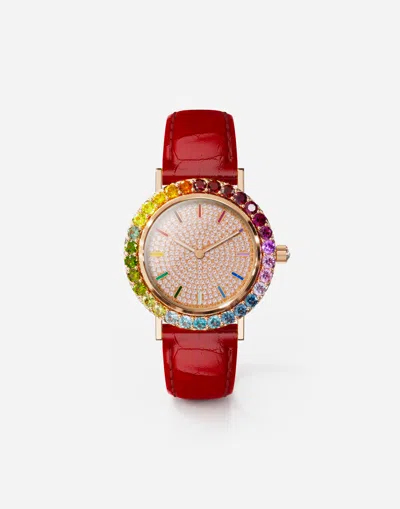 Dolce & Gabbana Iris Watch In Yellow Gold With Multi-colored Fine Gems And Diamonds In Red