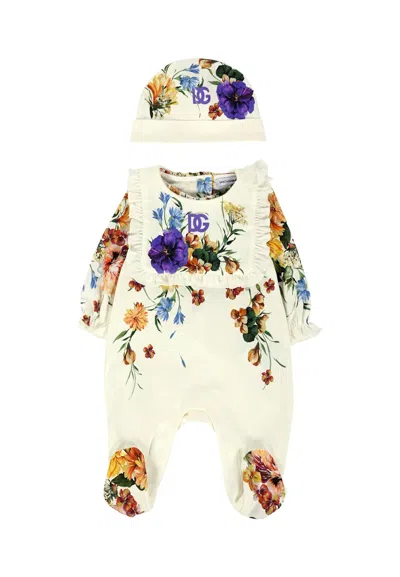 Dolce & Gabbana Ivory Babygrow Set For Baby Girl With Floral Print In White