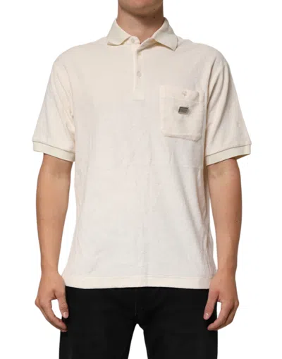 Dolce & Gabbana Ivory Cotton Terry Logo Pocket Polo T-shirt In Neutral