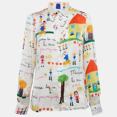 Pre-owned Dolce & Gabbana Ivory Dg Family Print Silk Shirt M In White