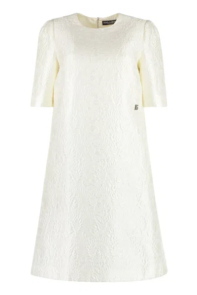 Dolce & Gabbana Ivory Floral Jacquard Dress With Front Logo Detail In Neutral