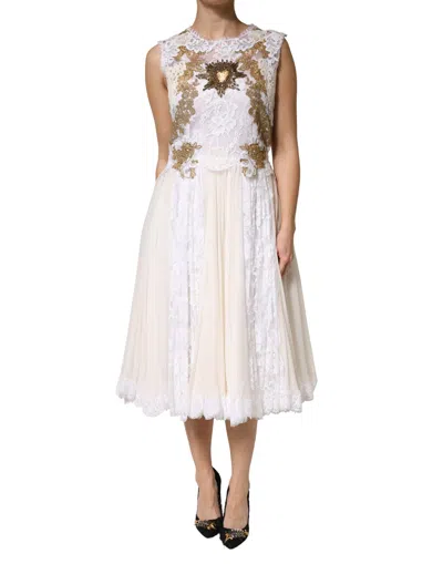 Dolce & Gabbana Ivory Lace Silk Embellished Sleeveless  Women's Dress In White