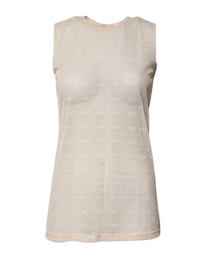 DOLCE & GABBANA DOLCE & GABBANA IVORY NYLON LOGO SEE THROUGH SLEEVELESS TANK WOMEN'S TOP