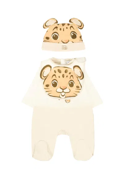 Dolce & Gabbana Ivory Set For Baby Boy With Tiger And Logo In Neutral
