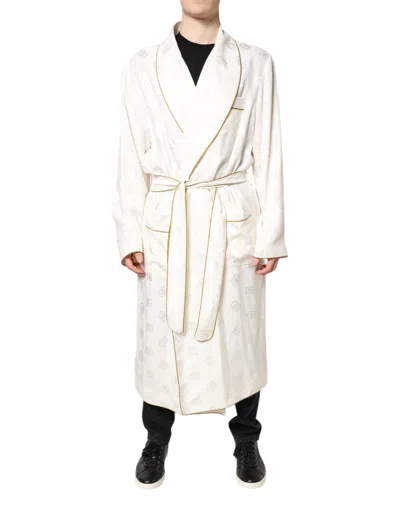 DOLCE & GABBANA DOLCE & GABBANA IVORY SILK LOGO MEN WRAP ROBE COAT MEN'S JACKET