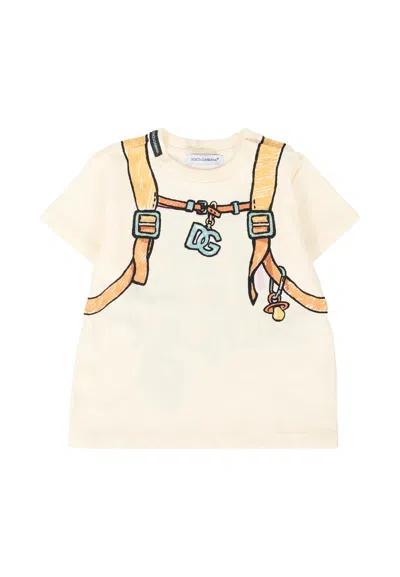 Dolce & Gabbana Ivory T-shirt For Baby Boy With Explorer Print In White
