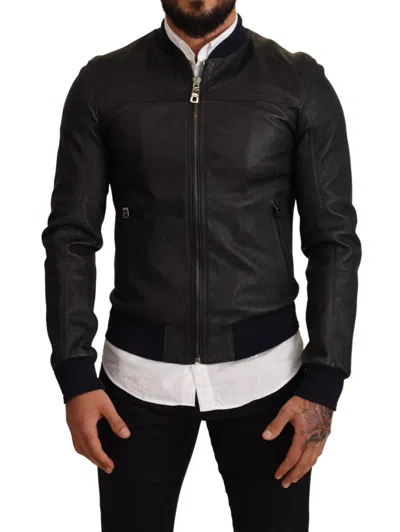 Pre-owned Dolce & Gabbana Jacket Blue Leather Full Zip Bomber Men It50 / Us40/ L Rrp $5000