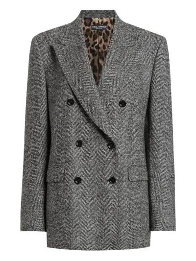 Dolce & Gabbana Double-breasted Herringbone Wool-blend Blazer In Gray