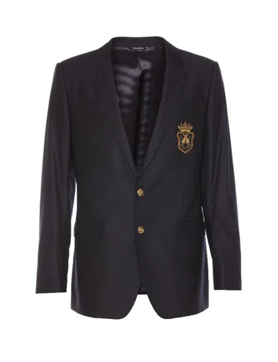 Dolce & Gabbana Dolce&gabbana Men Wool And Silk Monobreasted Jacket With Patch In Black