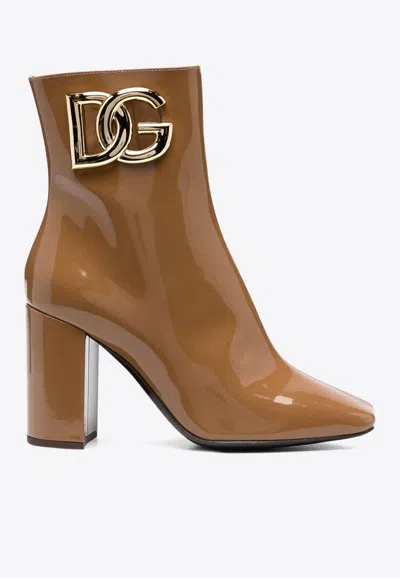 Dolce & Gabbana Jackie 90 Patent Leather Ankle Boots In Brown