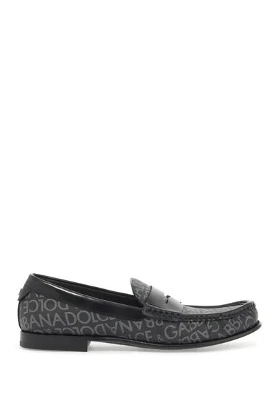 Dolce & Gabbana City Black Loafers With All-over Logo In Cotton And Leather Man