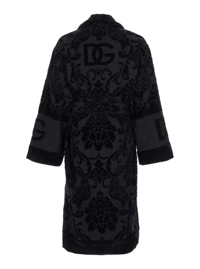 Dolce & Gabbana Jacquard Cotton Bathrobe In Black