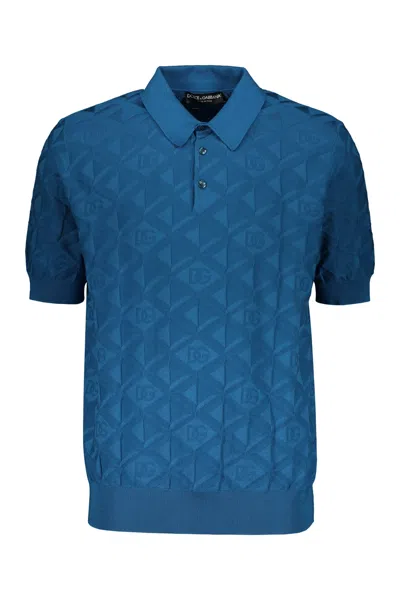 Dolce & Gabbana Jacquard Knit Polo Shirt In Blue