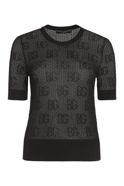 Dolce & Gabbana Monogram-jacquard Round-neck Top In Black