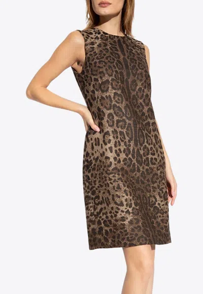 Dolce & Gabbana Jacquard Leopard Wool Midi Dress In Brown
