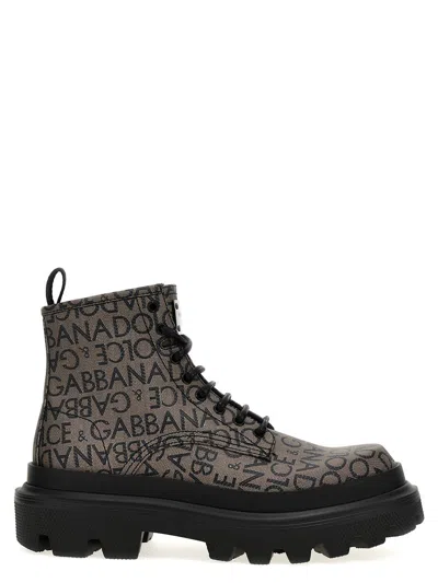 Dolce & Gabbana Jacquard Combat Boots In Brown
