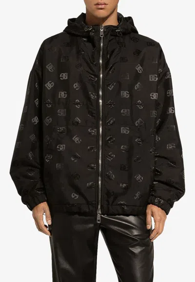 Dolce & Gabbana Nylon Jacket With Hood And Jacquard Logo In Black