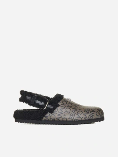 DOLCE & GABBANA JACQUARD, SHEARLING AND LEATHER MULES