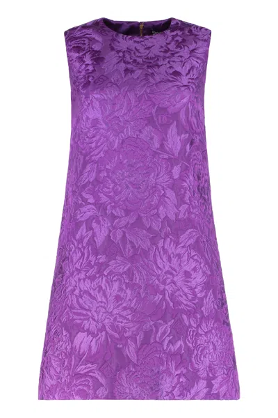 Dolce & Gabbana Sleeveless Floral Jacquard Textured Mini Dress In Purple