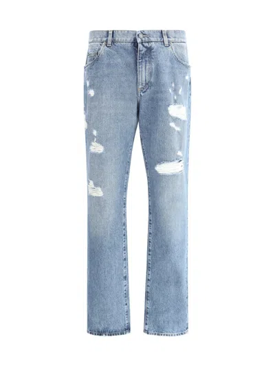 Dolce & Gabbana Distressed Jeans With Dg Embroidery In Blue
