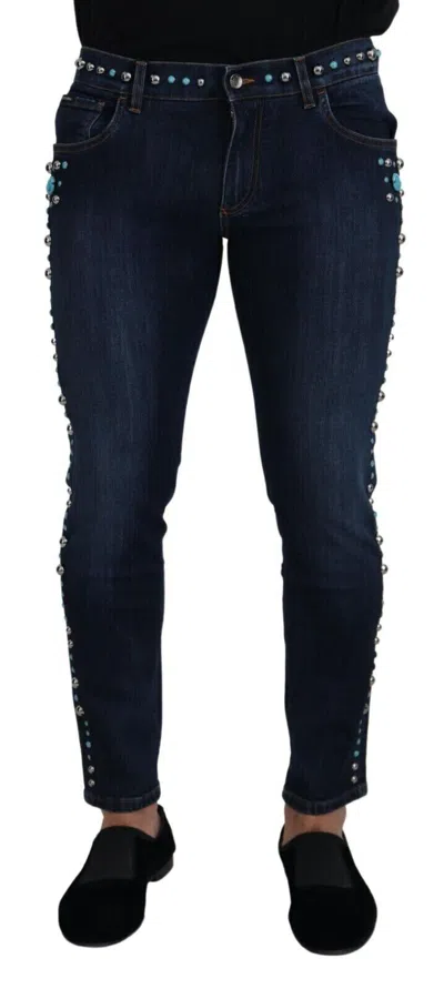 Pre-owned Dolce & Gabbana Jeans Blue Cotton Studded Low Waist Denim It48/w34/m 2180usd