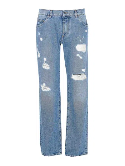 Dolce & Gabbana Distressed Jeans With Dg Embroidery In Blue