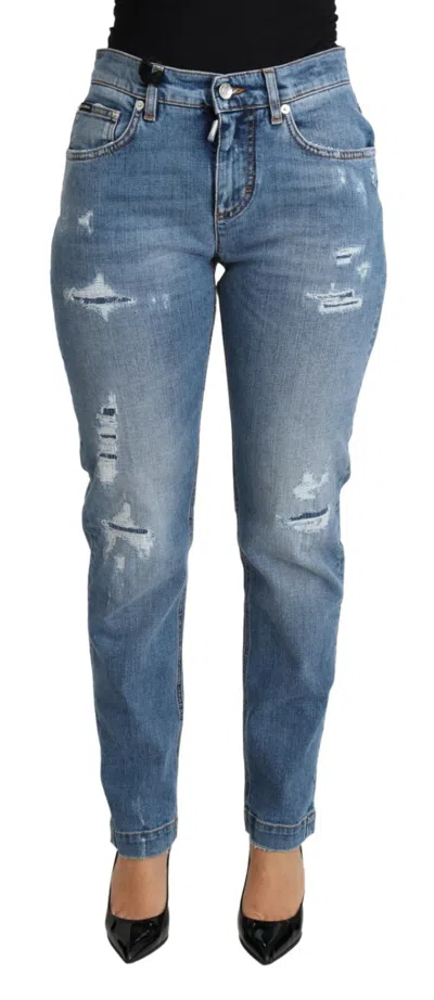 Pre-owned Dolce & Gabbana Jeans Cotton Blue Tattered Boyfriend Denim It40/us6/s $900