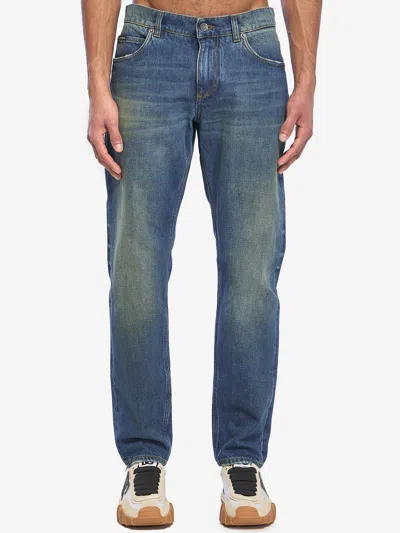 Dolce & Gabbana Regular Fit Jeans With Logo Plate In Blue