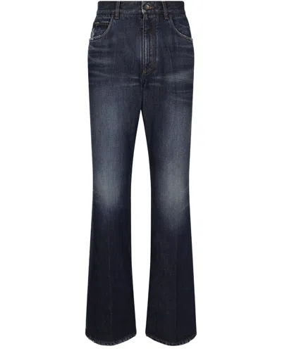 Dolce & Gabbana Logo-applique Long-length Bootcut Jeans In Blue