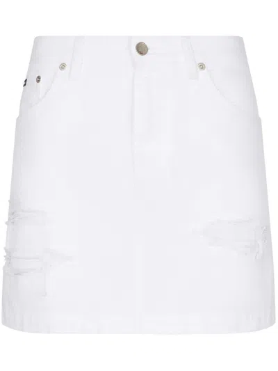 Dolce & Gabbana Distressed Denim Miniskirt In White