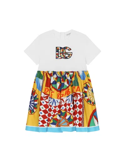 Dolce & Gabbana Kids' Jersey And Poplin Dress With Cart Print In Multicolour