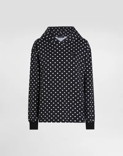 Dolce & Gabbana Jersey Hoodie With Polka-dot Print And Branded Tag In Multicolor