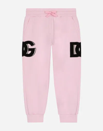 Dolce & Gabbana Kids' Jersey Jogging Pants With Dg Logo Patch In Pink