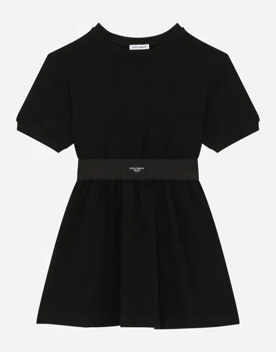 Dolce & Gabbana Kids' Jersey Minidress With Logo Tag In Nero