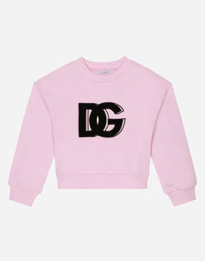 Dolce & Gabbana Babies' Jersey Round-neck Sweatshirt With Dg Logo Patch In Pink