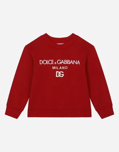 Dolce & Gabbana Kids' Jersey Round-neck Sweatshirt With Dg Milano Embroidery In Red