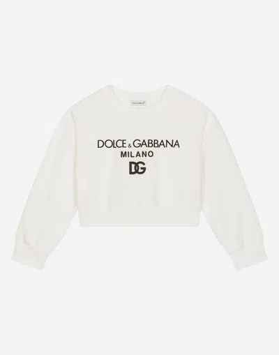 Dolce & Gabbana Kids' Jersey Round-neck Sweatshirt With Logo Print In White