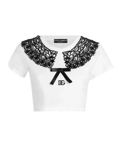Dolce & Gabbana Jersey T-shirt With Bow And Macramé Lace In White