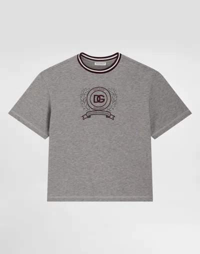 Dolce & Gabbana Kids' Jersey T-shirt With Crest Embroidery In Gray