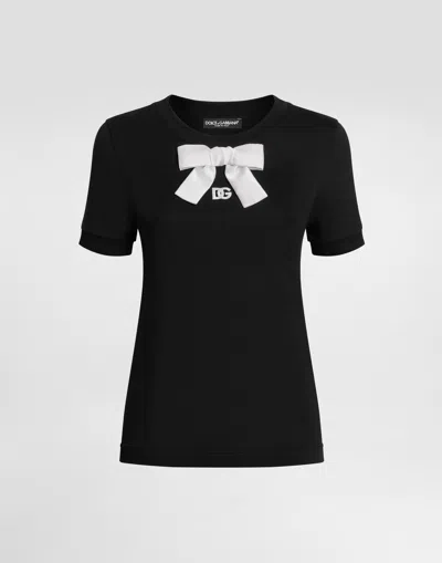 Dolce & Gabbana Jersey T-shirt With Dg Embroidery And Bow In Black