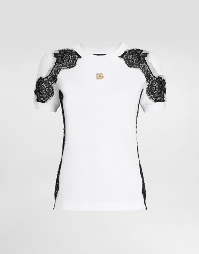 Dolce & Gabbana Jersey T-shirt With Dg Logo And Lace Details In White
