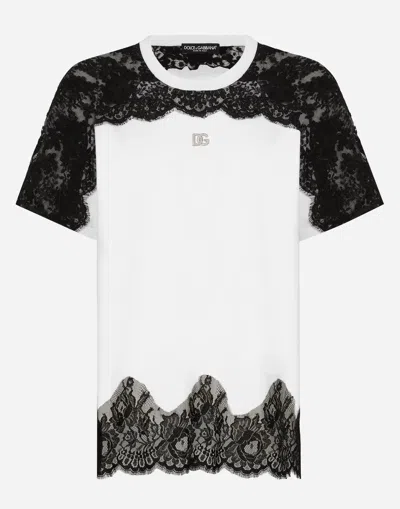 DOLCE & GABBANA JERSEY T-SHIRT WITH DG LOGO AND LACE INSERTS