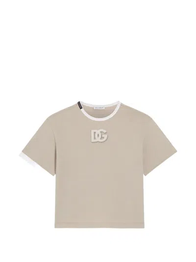 Dolce & Gabbana Kids' Jersey T-shirt With Embroidered Dg Appliqué In Brown