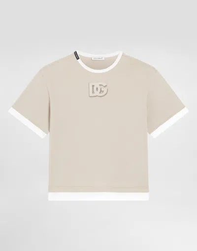 Dolce & Gabbana Kids' Jersey T-shirt With Embroidered Dg Appliqué In Neutral