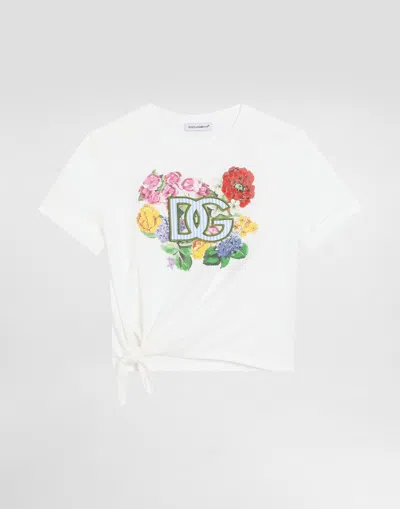Dolce & Gabbana Jersey T-shirt With Flowers And Dg Logo In White