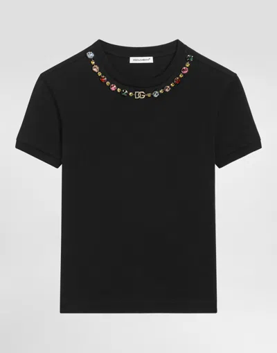 Dolce & Gabbana Jersey T-shirt With Jewel Chain And Dg Logo In Black
