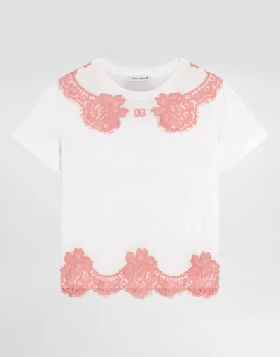 Dolce & Gabbana Kids' Jersey T-shirt With Lace And Dg Embroidery In White