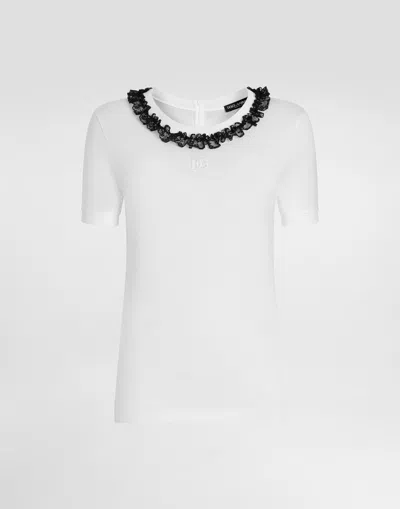 Dolce & Gabbana Jersey T-shirt With Lace And Dg Embroidery In White